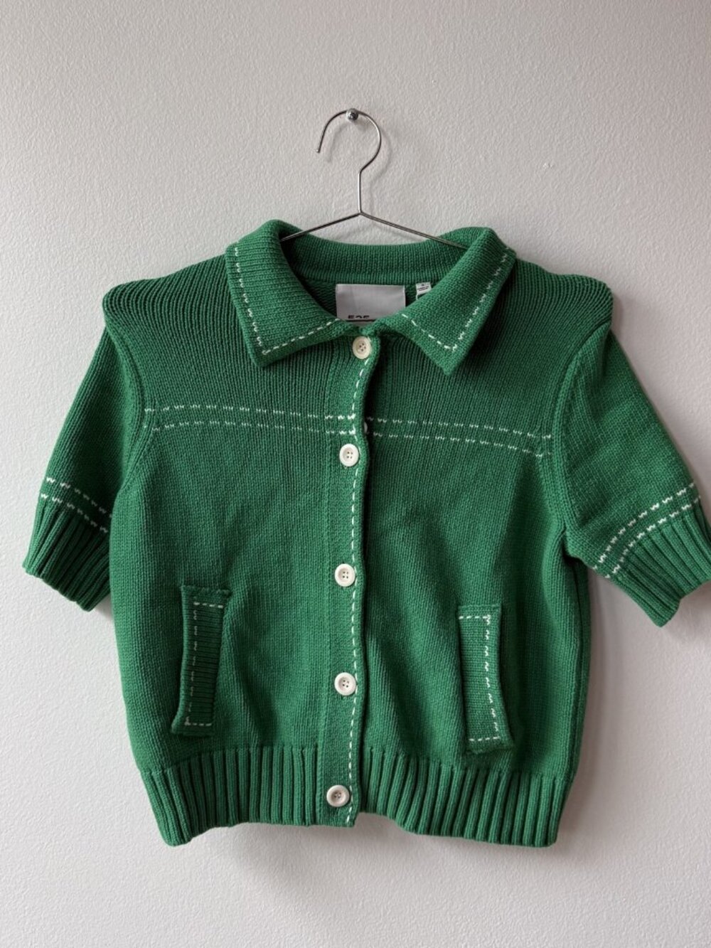 525 America Peyton Chunky Knit Short Sleeve Collared Cardigan Green White S